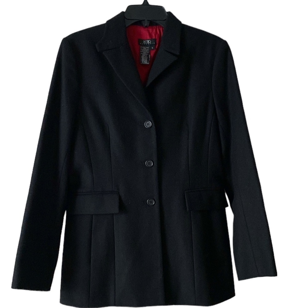 BCBGMaxazria | Black Wool Blend Jacket Coat, Red Lining, Long Sleeves Size 8